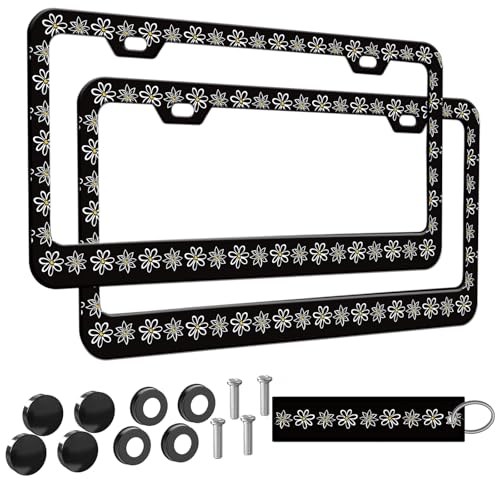 2pcs Black and White Daisy License Plate Frame for Women, Daisies Floral car Decorative tag Frames Girly, Flower License Plate Cover Holder for Vehicle with Double Sided car Keychain tag - color: for black white daisies flower art, size: 2pcs