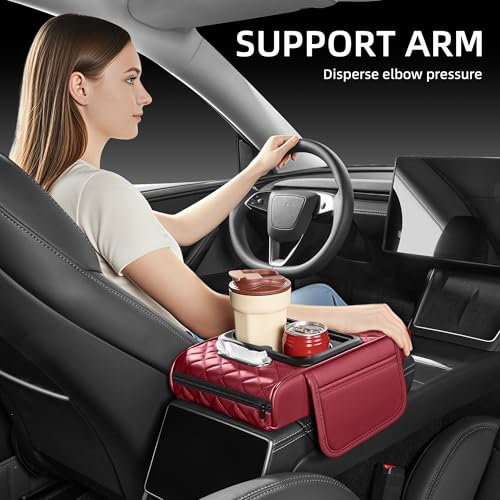 5 in 1 Car Center Console Cover, Armrest Pad with 2 Storage Pockets, Cup Holder, Tissue Slot, Phone Holder, Nappa Leather Memory Foam Car Accessories for SUV Sedan Truck (Burgundy)