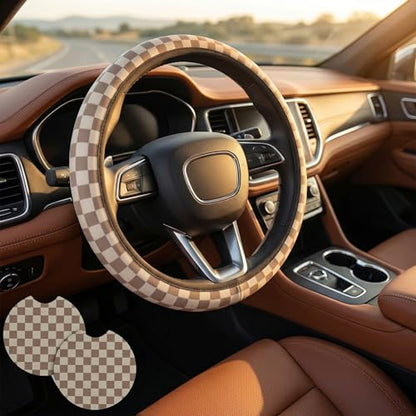 Checkered Brown Steering Wheel Cover - Universal 14-15 Inch Anti-Slip Breathable with 2 Pcs Car Coasters Suitable Men Women Checkered Car Wheel Cover Accessories - color: Checkered K