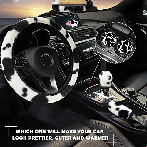 JINGSEN11 Pieces Fluffy Car Accessories Set,Fluffy Cow Print Plush Steering Wheel Covers for Women Soft Fleece Handbrake Cover Shift Cover Car Trim Warm Non-Slip (Black) - size: black