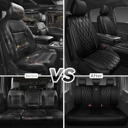 CAR PASS 5 Seats Piping Luxury Faux Leather Seat Covers Full Set, Anti-Slip Waterproof Seat Covers Compatible with Front Armrests, Universal Fit for Suvs,Vans,Trucks,Airbag Compatible, Pure Black - color: Black with Black, size: Full Set