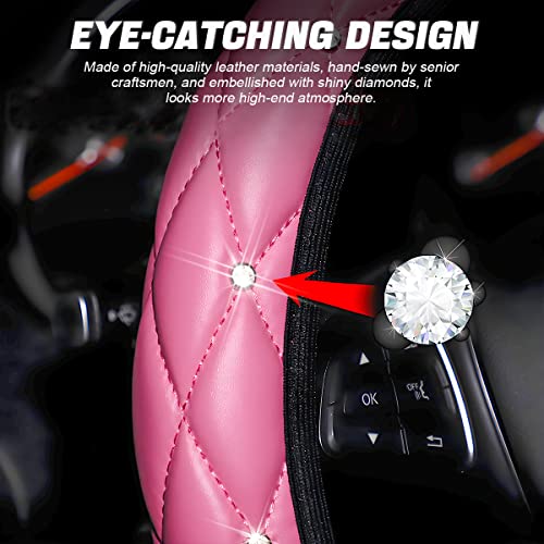 Diamond Soft Leather Steering Wheel Cover, 15 Inch Bling Elastic Steering Wheel Protector with Sparkly Crystal Rhinestones, Auto Accessories Universal for SUV, Truck, Van, Car (Pink)