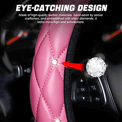 Diamond Soft Leather Steering Wheel Cover, 15 Inch Bling Elastic Steering Wheel Protector with Sparkly Crystal Rhinestones, Auto Accessories Universal for SUV, Truck, Van, Car (Pink)