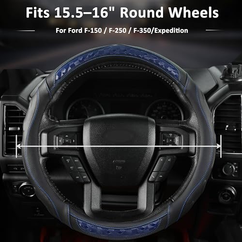 Black Seal Custom-Fit Steering Wheel Cover for Ford F-150, F-250, F-350, Expedition, 15.5–16", Anti-Slip PU Leather (Black+Blue) - color: Black+Blue