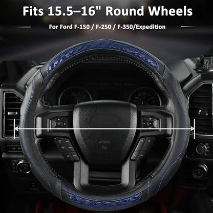 Black Seal Custom-Fit Steering Wheel Cover for Ford F-150, F-250, F-350, Expedition, 15.5–16", Anti-Slip PU Leather (Black+Blue) - color: Black+Blue