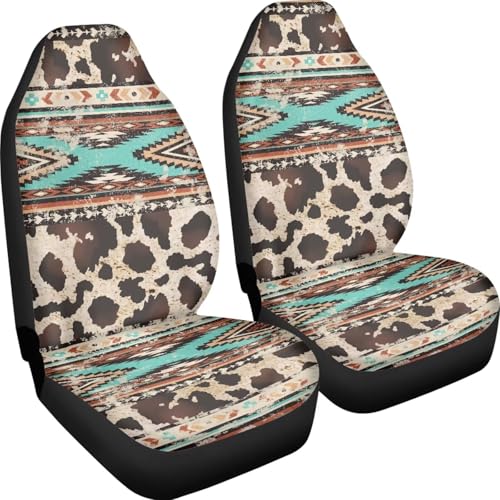 Car Seat Covers Front Seats Only for Women Men Auto Seat Covers Set of 2 Pack Bucket Cover for Cars SUV Truck Sedan, Easy to Install（Aztec Ethnic Cow Leopard Print 83）