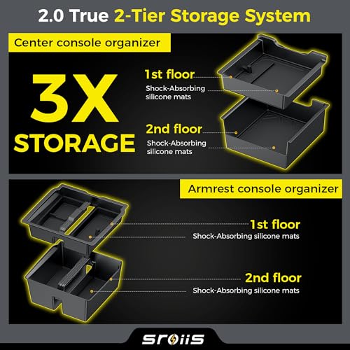 Sroiis® Gen 2 Double-Layer Center Console Organizer Set for Tesla Model Y Juniper Accessories (2025 2026) True 2-Tier Storage System [ Upper Tray + Hidden Lower Compartment ] - 3PCS Jet Black