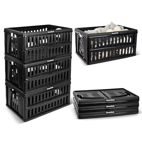 CleverMade 60L Collapsible Utility Crate (66 lb Capacity), Heavy Duty Folding Storage Crate, Stackable Plastic Organizer for Car Trunk, Garage & Groceries, 23 x 15 x 12 in, Obsidian - color: Obsidian, size: 60L - 3 Pack