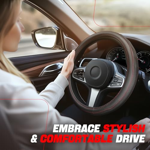 Auto Dynasty Steering Wheel Cover, Breathable Microfiber Leather Car Steering Wheel Protector with Stitching Hexagon Quilted, Anti-Slip, [14 1/2 to 15 Inches] Universal Fit Cars Trucks SUVs - color: Hexagon Stitched Red B