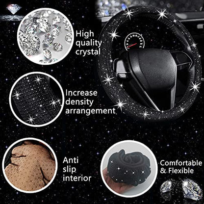 NBTEPEM 27 PCs Black Bling Car Accessories Set for Women, Steering Wheel Covers Universal Fit 15 Inch, Bling License Plate Frame, Bling Phone Holder, Bling Car Coasters (Black Diamond) - color: Black Diamond