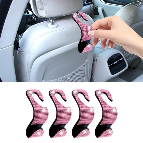 LAINLOY 4PCS Bling Car Headrest Hook, Crystal Rhinestone Back Seat Purse Holder, Car Seat Hanger Storage for Bag, Grocery, Handbag, Universal Interior Accessories for SUV Car Truck (Pink) - color: Pink