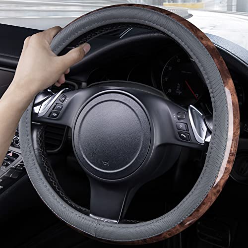 CAR PASS Wood Grain Microfiber Leather Steering Wheel Cover, Universal Fit for 14 1/2-15 inch Gray Steering Wheel, Anti-Slip Veins Design,Cars, Suvs,Minivans, Sedans (Gray) - color: gray