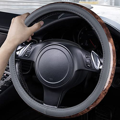 CAR PASS Wood Grain Microfiber Leather Steering Wheel Cover, Universal Fit for 14 1/2-15 inch Gray Steering Wheel, Anti-Slip Veins Design,Cars, Suvs,Minivans, Sedans (Gray) - color: gray