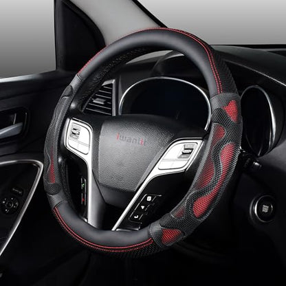 Iwantit® Steering Wheel Cover with 3D Honeycomb Anti-Slip Design and Breathable Fabrics, Universal 14.5-15 Inch (Red/Black) - color: 003-Red/Black