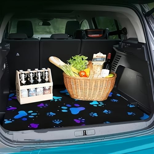 Universal Car Trunk Mat 29" x 39", Blue-Purple Footprints All Weather Trunk Protection Cargo Liner,Durable Cargo Mat Rear Trunk Liner, Stylish Vehicle Interior Accessories Suitable for Most Car Models - color: Blue-Purple Footprints