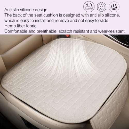 Car Front Bottom Seat Cover, 2PCS Anti Slip Comfortable Vehicle Front Cushion Protector with Storage Pocket, Breathable Linen Frontseat Pad Mat, Universal Automotive Accessories (Beige)