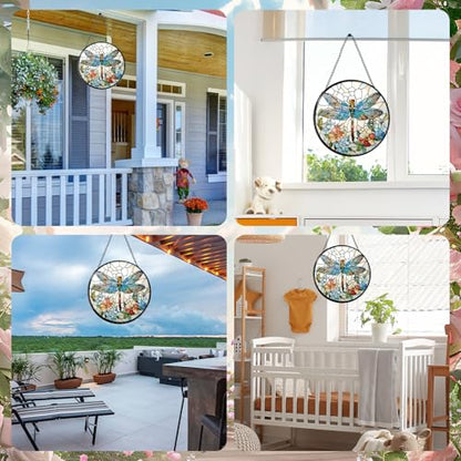Rngmsi Dragonfly and Flower Stained Glass Window Hanging Gifts, 7.8″ Sun Catchers for Indoor Window Decor, Decorative Sun Catchers Home Wall Art Gift for Thanksgiving Christmas Housewarming