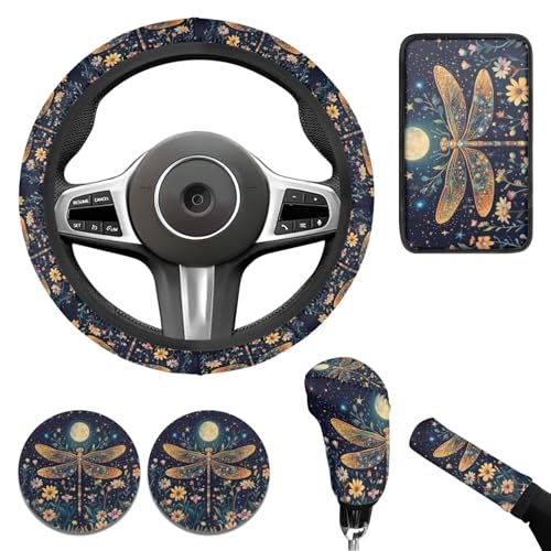 Dragonfly Print Car Steering Wheel Cover Sets for Women Moon Flower Auto Interior Accessories Cup Holder Armrest Pad Seatbelt Cushion Fit Vans Trucks,SUV - color: Dragonfly print