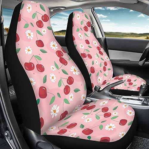 Pink Cherry Print Universal Fit Front Car Seat Cover for Women Girls Stain Resistant Car Seat Covers Bucket Seat Protector Prefect for Automotive, Van, Truck, SUV Cute Daisy Fruit Pattern - color: Cherry