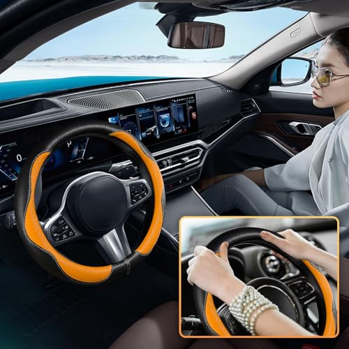 Car Steering Wheel Cover 2025, Universal Auto PU Cute Breathable Slip-Proof Comfort Imitation Leather Protector Cars Interior Accessories for Women Men Fit Most Vehicle (Orange)