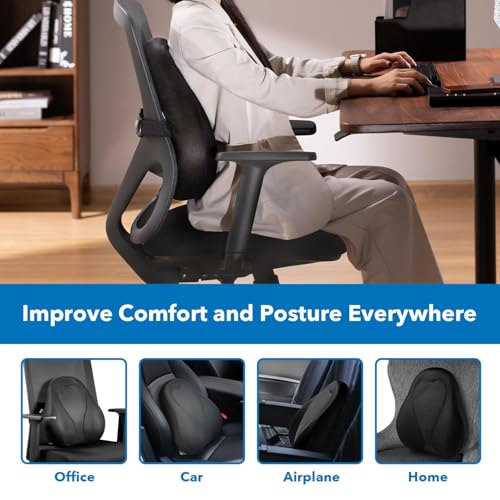 Mount-It! Office Chair Cushion, Lumbar Support Pillow for Office Chair, Back Support for Work, Office, Gaming with Memory Foam Filling for Back Pain Relief, Improve Posture, Black with Washable Cover