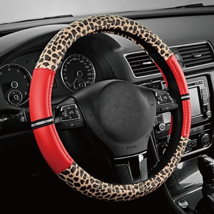 Road Comforts Leopard Steering Wheel Cover for Women, Cute Anti-Slip Microfiber Leather, Universal Fit 14.5-15 Inch Round Steering Wheel - Red - color: Round Red