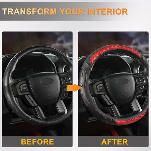 Black Seal Custom-Fit Steering Wheel Cover for Ford F-150, F-250, F-350, Expedition, 15.5–16", Anti-Slip PU Leather (Black+Red) - color: Black+Red
