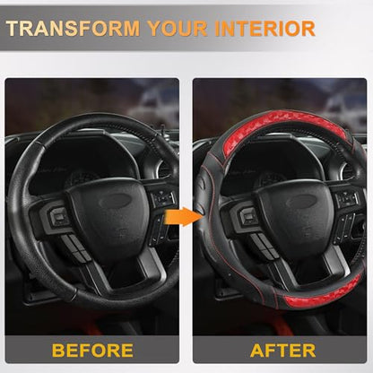 Black Seal Custom-Fit Steering Wheel Cover for Ford F-150, F-250, F-350, Expedition, 15.5–16", Anti-Slip PU Leather (Black+Red) - color: Black+Red