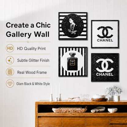 PROBENEX Glam Wall Art Set of 4, Real Wood Black & White Fashion Decor, Small 8x8 Framed Artwork for Bedroom Vanity Dressing Room, Glitter Finish, Hang or Tabletop Stand, Pink Gift Packaging