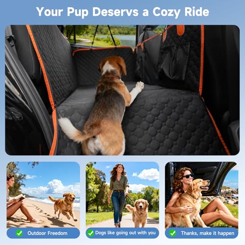 Dog Car Seat Cover for Back Seat Waterproof Oxford Fabric, Hard Bottom Back Seat Extender for Dogs Scratchproof, Dog Hammock for Car with Mesh Window, Fit Most Cars Small Trucks, Black Orange