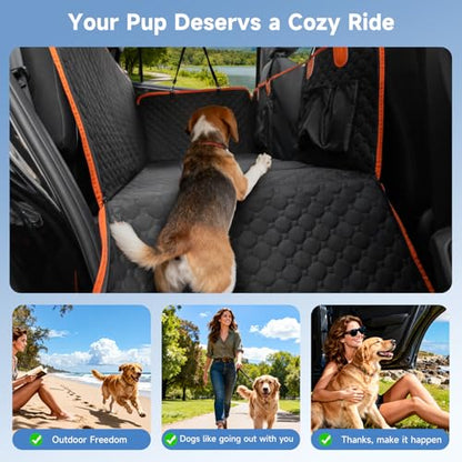 Dog Car Seat Cover for Back Seat Waterproof Oxford Fabric, Hard Bottom Back Seat Extender for Dogs Scratchproof, Dog Hammock for Car with Mesh Window, Fit Most Cars Small Trucks, Black Orange