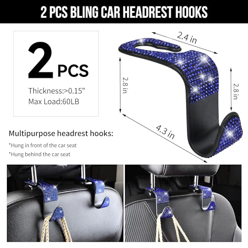 CAR PASS 23 PCS Bling Diamond Car Accessories Set for Women, Leather Seat Covers Full Set Sparkly Rhinestone15'' Steering Wheel Covers Shining Diamond Floor Mats Cute Car Interior Sets,Blue