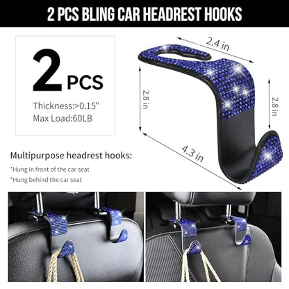 CAR PASS 23 PCS Bling Diamond Car Accessories Set for Women, Leather Seat Covers Full Set Sparkly Rhinestone15'' Steering Wheel Covers Shining Diamond Floor Mats Cute Car Interior Sets,Blue