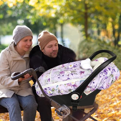 Winter Car Seat Cover Baby Girl Boy, Warm & Windproof Infant Carseat Cover Canopy Protect Baby from Cold Weather, Plush Fleece, Purple Floral - color: Purple Floral