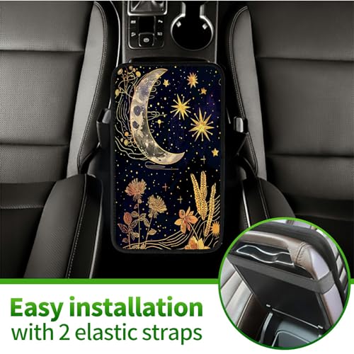 Universal Auto Center Console Pad and 2Pcs Car Coasters Set, Anti Slip Soft Neoprene Car Armrest Seat Box Cover Protector Universal Fit - Car Interior Accessories, Golden Moon Flower - color: 497