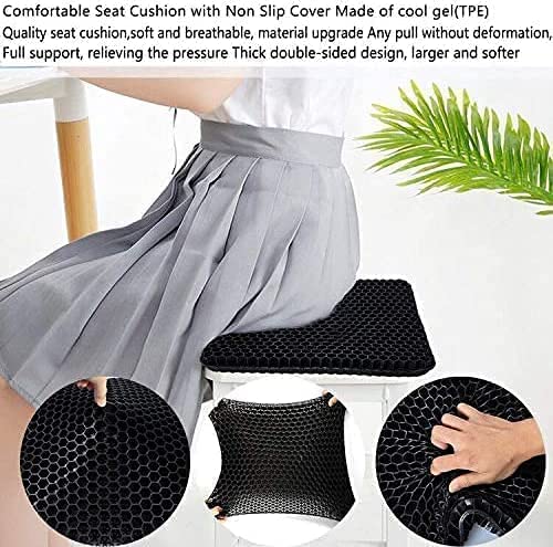 Gel Seat Cushion, for Long Sitting -Double Thick Gel Seat Cushion Breathable Honeycomb Chair Cushion with Non-Slip Cover for Office Chair Car, Wheelchair, Long Trips,Relief Sciatica Pain - color: Black