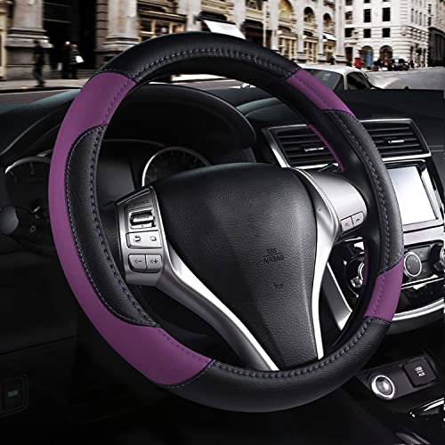 Leather Car Steering Wheel Cover, Non-Slip Car Wheel Cover Protector Breathable Microfiber Leather Universal Fit for Most Cars (Purple-2) - color: Purple-2