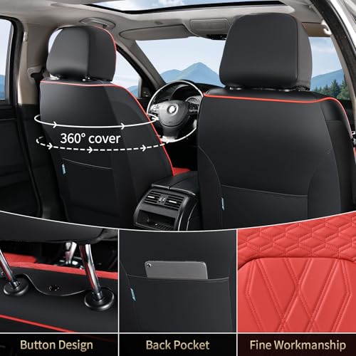 Leather Front Seat Covers Red Car Seat Cover Breathable Waterproof Seat Cover for Cars Automotive Seat Covers 2 Front Seats Protector Universal Fit for Most Car Truck SUV, Black&Red