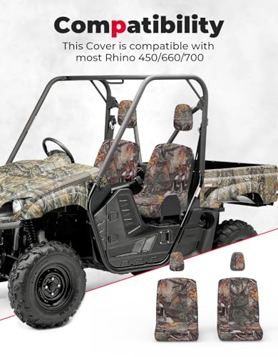 KEMIMOTO UTV Seat Cover, Bucket Cushion Sleeve Set Camo, Compatible with Rhino 450 660 700, Fits with Rhino Bucket Seat Cover with Headrest Cover - color: Camo
