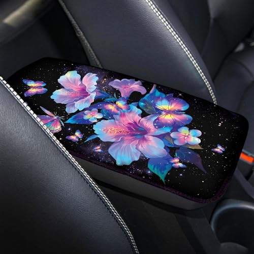 Purple Butterfly Hibsicus Print Car Center Console Cover,Universal Armrest Seat Box Cover,Auto Armrest Cover Protector - color: Purple Butterfly Hibsicus