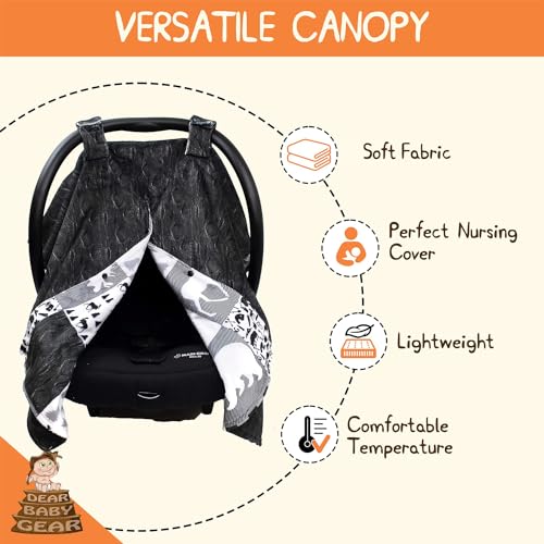 Dear Baby Gear - Infant Carseat Canopy and Winter Covers - Cozy Baby Car Seat Cover for Girls and Boys - Stroller Cover - Mountains Moose & Bear - Faux Quilt/Woodgrain 40" x 30" - color: Moose & Bear Faux Quilt/Black Woodgrain