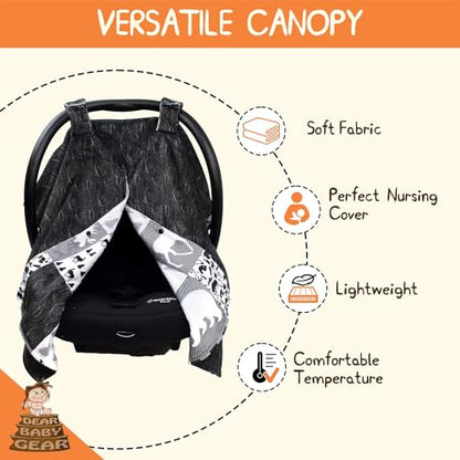 Dear Baby Gear - Infant Carseat Canopy and Winter Covers - Cozy Baby Car Seat Cover for Girls and Boys - Stroller Cover - Mountains Moose & Bear - Faux Quilt/Woodgrain 40" x 30" - color: Moose & Bear Faux Quilt/Black Woodgrain