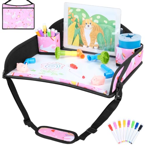 COOLBEBE Kids Travel Tray for Toddler Car Seat, Portable Car Seat Lap Tray with 2 Cup Holders, Pink Unicorn Design for Airplane, Road Trip Activities - color: Pink Unicorn