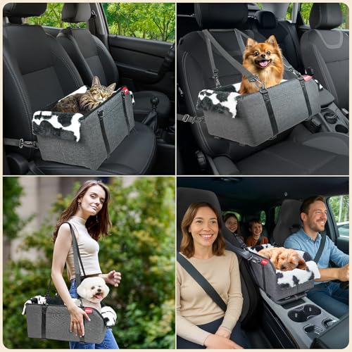 Center Console Small Dog Car Seat - Portable Pet Cat Puppy Booster Armrest Carseat Up to 11lbs, Anti-Collapse Comfort Car Travel with Washable Fluffy Cushion and Pillow, Milk Cow