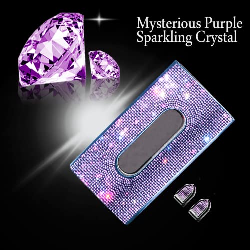 Car Visor Tissue Holder, Sparkling PU Leather Mask Box, Bling Crystals Cover Case & Glitter Mask Hook Clip for Women (Purple)