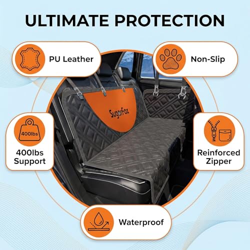 SugarFox Dog Car Seat Cover for Back Seat - Upgraded PU Leather Dog Hammock, 400lbs Hard Bottom Backseat Pet Cover, Waterproof Anti-Scratch + Pet Safety Belt (Black-54“x18”) - color: 01-BLACK, size: L