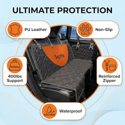 SugarFox Dog Car Seat Cover for Back Seat - Upgraded PU Leather Dog Hammock, 400lbs Hard Bottom Backseat Pet Cover, Waterproof Anti-Scratch + Pet Safety Belt (Black-54“x18”) - color: 01-BLACK, size: L