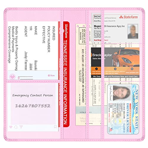 Car Insurance and Registration Holder, 9.5 x 5 Inch PU Leather Vehicle Glove Box Organizer Wallet Case for Insurance Card, Driver License, Paperwork - Pink - color: Pink