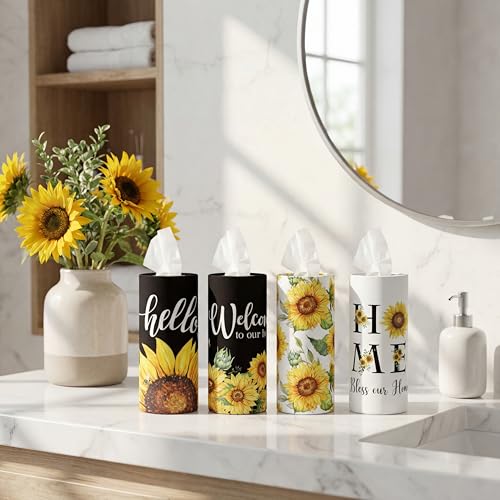 12 Pack Sunflower Tissue Cylinder Holder Bulk with 3 Ply Facial Tissues Black and White Round Napkin Holders Cylinder Flower Travel Paper Tubes Bulk Napkin for Spring Travel Home Decor - style: Elegant Sunflower