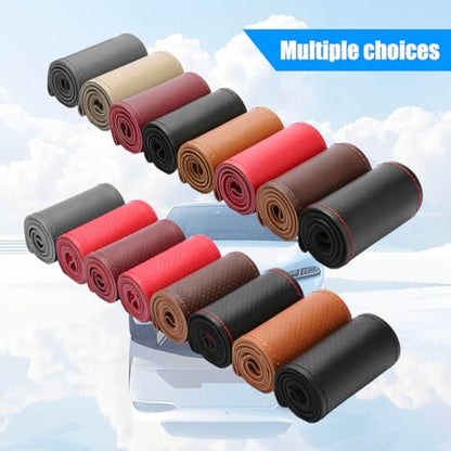 Genuine Leather Car Steering Wheel Cover, DIY Sewing Stitch on Wrap Auto Wheel Cover with Needle Thread, Breathable Anti-Slip Vehicle Steering Stitching Protector, Universal Fit (Black/Red) - color: Black/Red